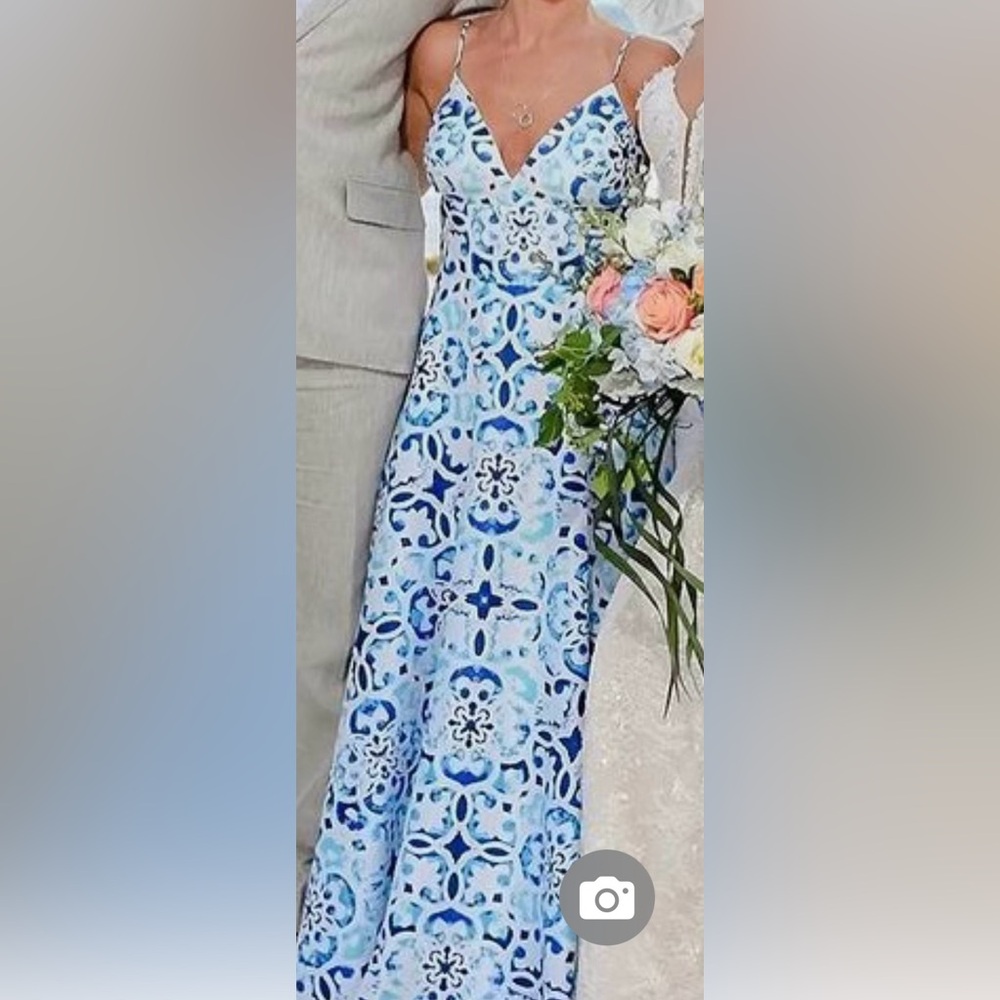 Betsy & Adam Blue and White Patterned Maxi Dress